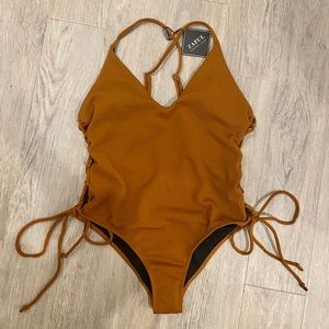 NWT Zaful Lace-up Cross High Cut Swimsuit- Brown L